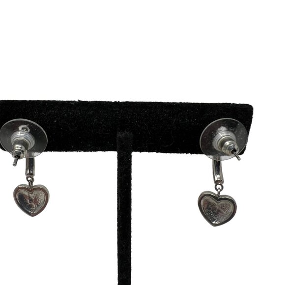 Heart Earrings Drop Pave Clear‎ Crystals Silver Tone Post Back 1" - Picture 2 of 4